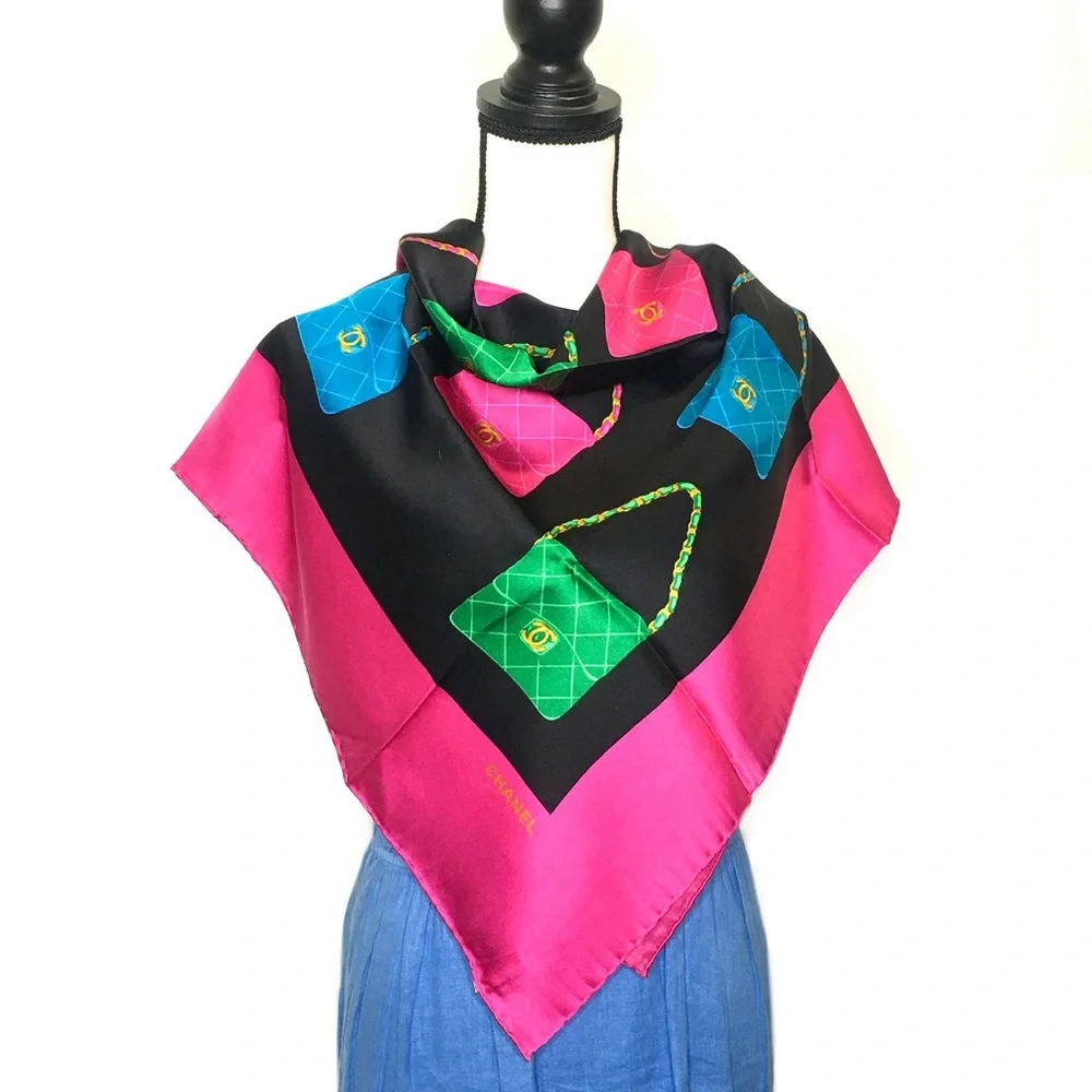 CHANEL authentic silk scarf pink black